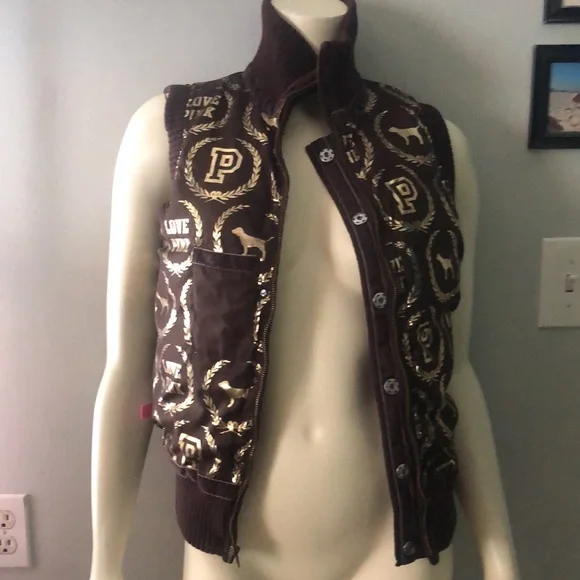 ‼️NEW INVENTORY‼️Victorias Secret Pink Reversible Brown Gold Logo Puffer Vest XS - Picture 1 of 8